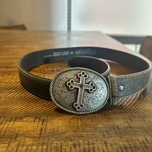 Women's Brown Leather Belt with Ornate Silver Buckle